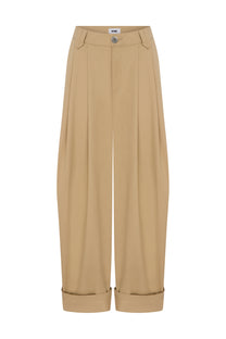COTTON PLEATED BEIGE PANTS