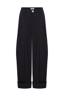 COTTON PLEATED BLACK PANTS